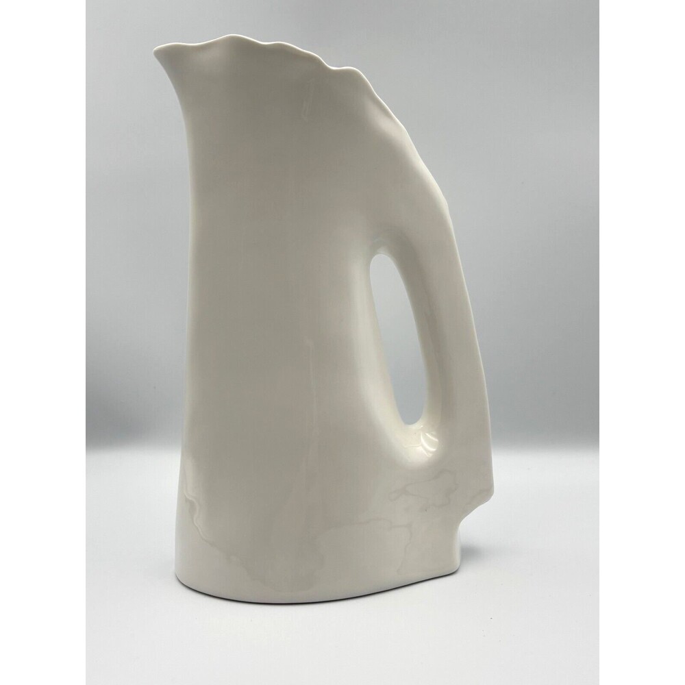 Vintage White Porcelain Pitcher Mid-Century Modern Integral Handle Handmade